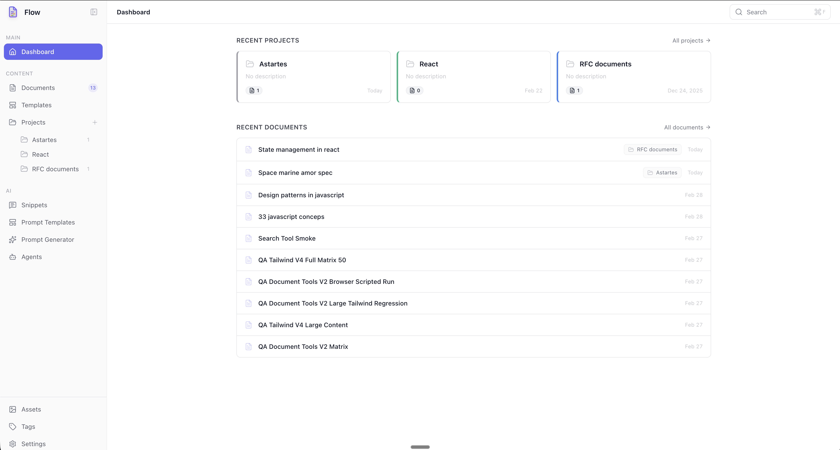 Flow dashboard with projects and documents