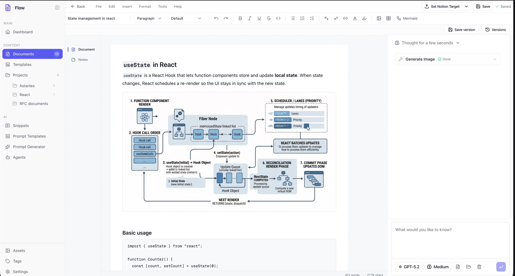 Flow document editor with AI sidebar