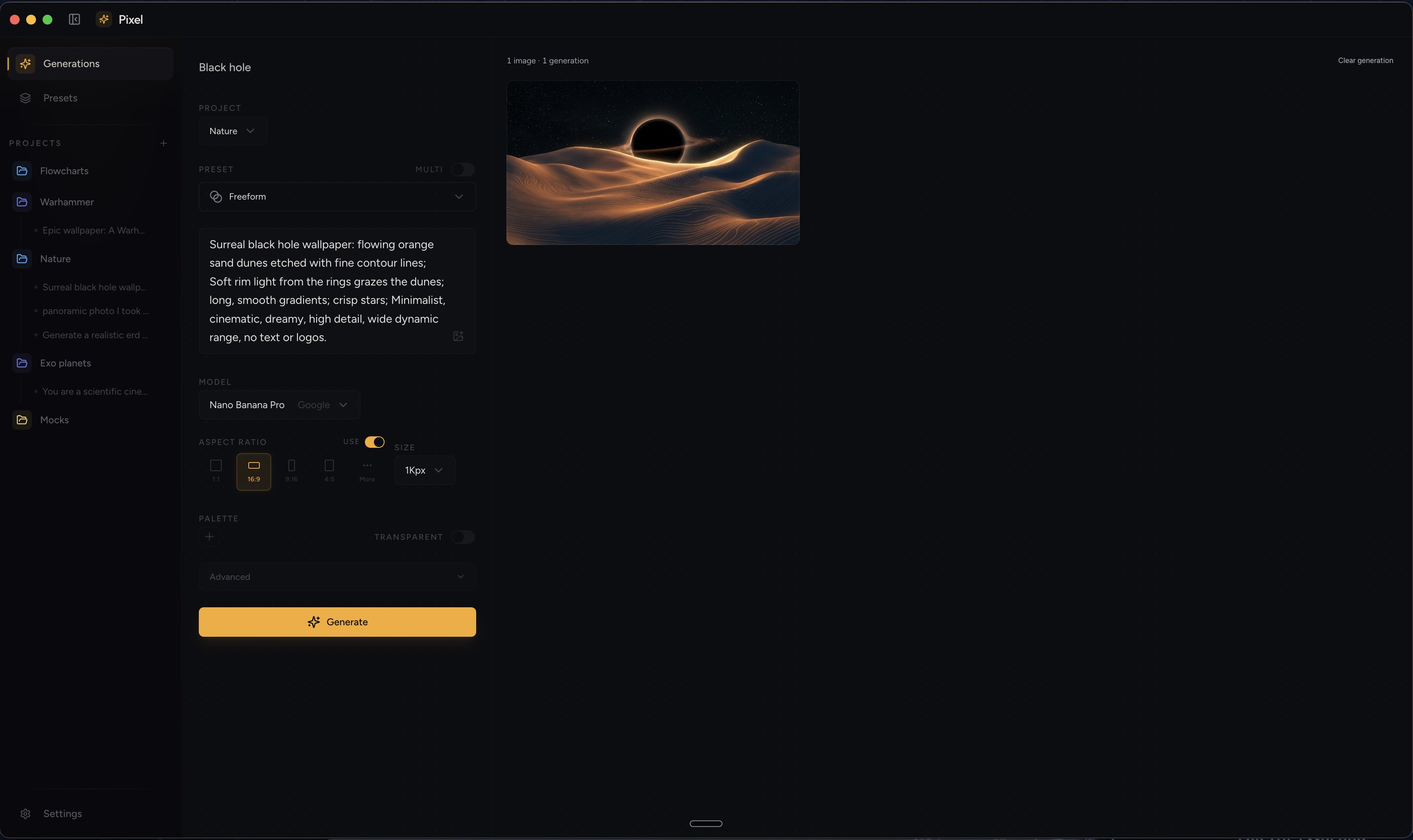 Pixel generation workspace with prompt and results